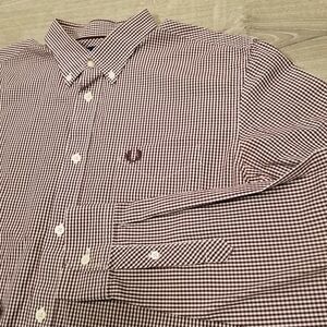 Fred Perry Gingham Check Button Down Shirt Mens Large Burgundy Red White L/S